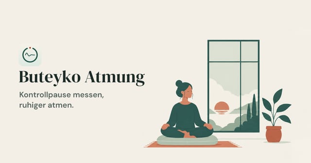 Buteyko Atmung artwork with a seated person beside a window and the German app title