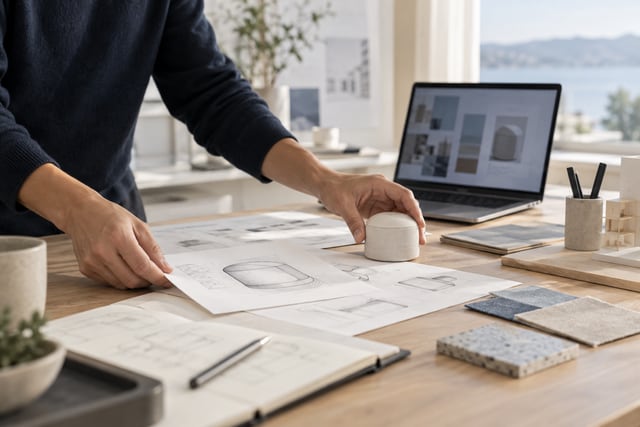 Hands arranging product sketches and a prototype on a worktable