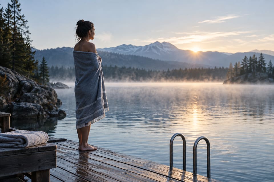 Person preparing mindfully for an icebath beside a misty lake